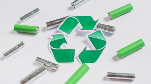 Recycle icon on batteries over white background with EV battery recycling logo